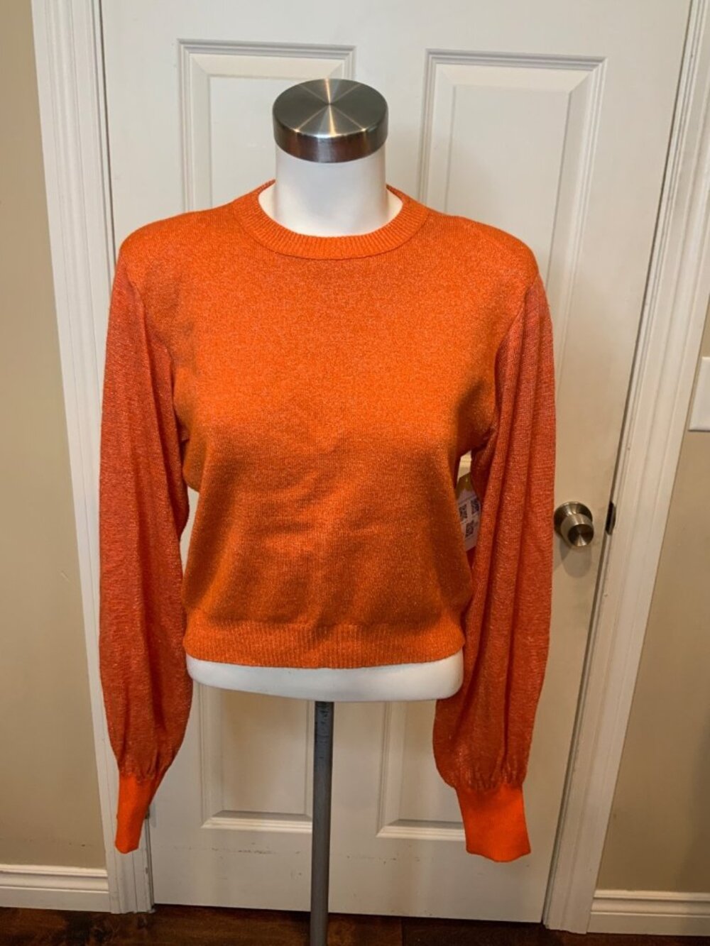 Free People Orange Metallic Shimmer Sweater W/ Shoulder Pads, Size XS